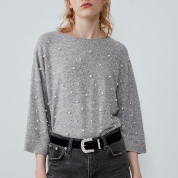 Zara knit grey top with white pearls - Picture 2 of 7